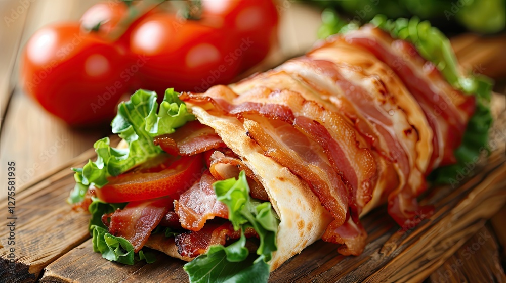 Poster delicious close-up of a bacon lettuce tomato wrap with crispy bacon and fresh greens on a rustic woo