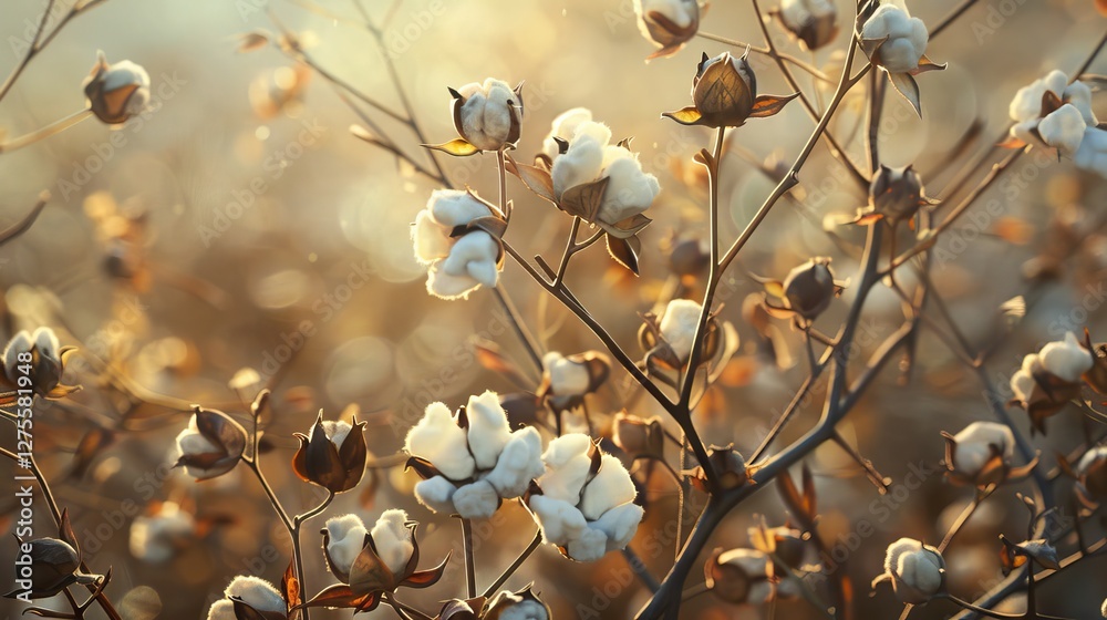 Poster ripe cotton branches with fluffy white bolls against a soft golden background illuminated by sunligh