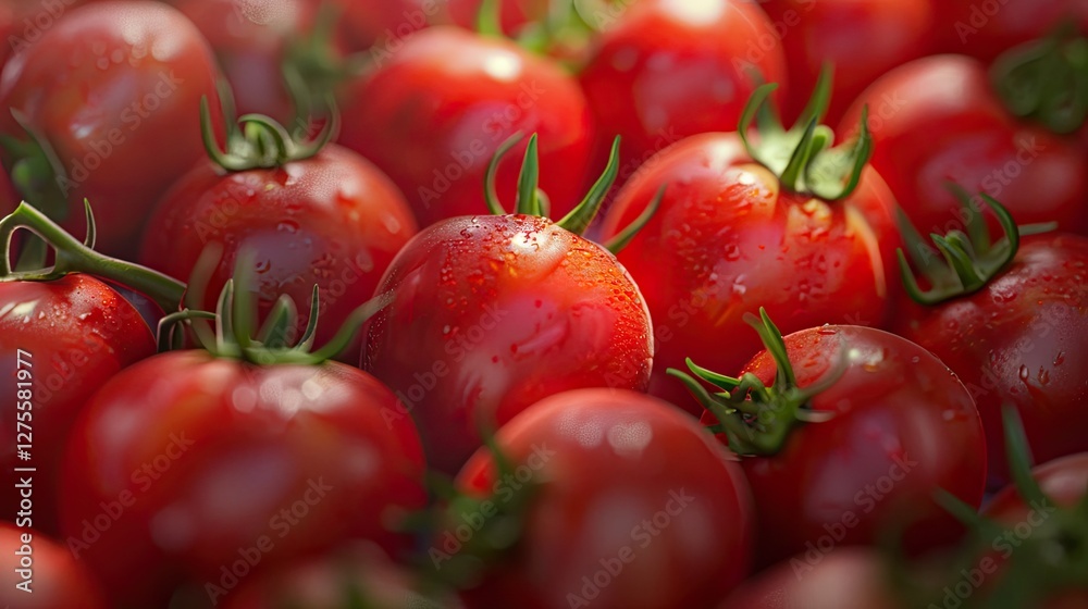 Poster fresh organic amish paste tomatoes glistening with dew in a vibrant red hue clustered closely with g