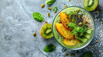 Healthy matcha overnight oats topped with kiwi, peach slices, and chia seeds in a glass bowl against a light terrazzo background, overhead view.