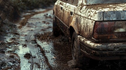 Fototapeta premium Dirty car covered in mud parked on a muddy unpaved road with green foliage in the background, showcasing a worn-out vehicle with nature elements.