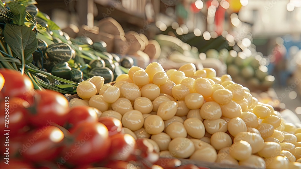Poster fresh uncooked potato gnocchi displayed prominently in the foreground with vibrant red tomatoes and 