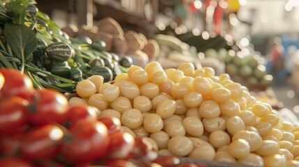 Fresh uncooked potato gnocchi displayed prominently in the foreground with vibrant red tomatoes and assorted green vegetables in the background.