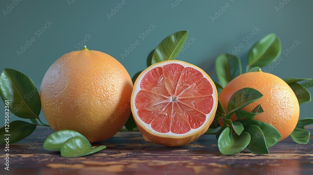 Poster citrus fruits display with two whole grapefruits and one sliced, set on a wooden surface with green 