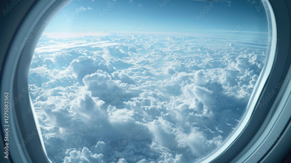 Aufkleber Aerial view from airplane window showcasing vast fluffy white clouds under a soft blue sky with hazy mist creating a serene atmosphere