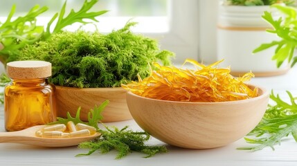 Sea moss gel Natural ingredients in bowls with greenery and essential oil bottle.