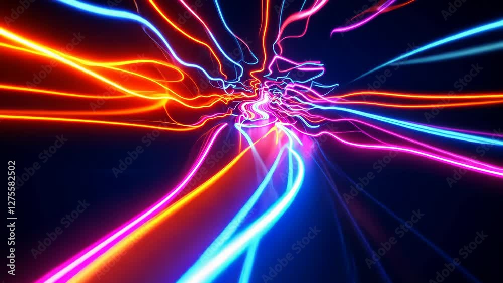 Poster vibrant neon light trails creating dynamic abstract patterns in motion