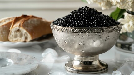 Black caviar glistening in silver bowl on ice with bread slices beside it on elegant white marble table adorned with subtle floral accents