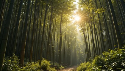 Sunlight streams through bamboo trees, illuminating a serene path in the forest, conveying a sense of peace, perfect for nature themes, outdoor adventures, or meditation spaces.