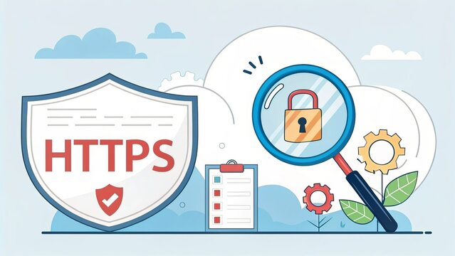 A colorful illustration showcasing HTTPS security with a magnifying glass over a locked padlock, accompanied by clouds and flowers, symbolizing online safety.