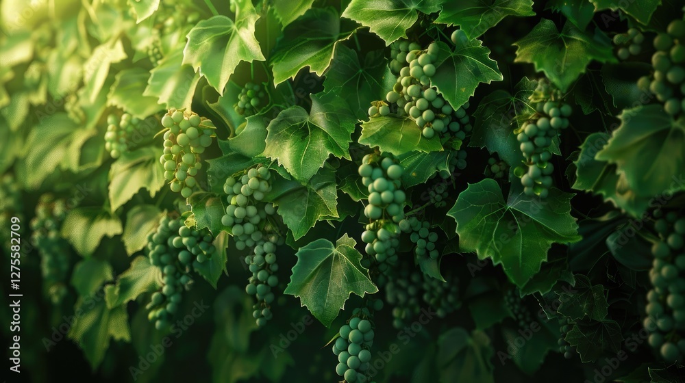 Poster vibrant green grapevines with clusters of unripe grapes hanging amidst lush leaves softly illuminate