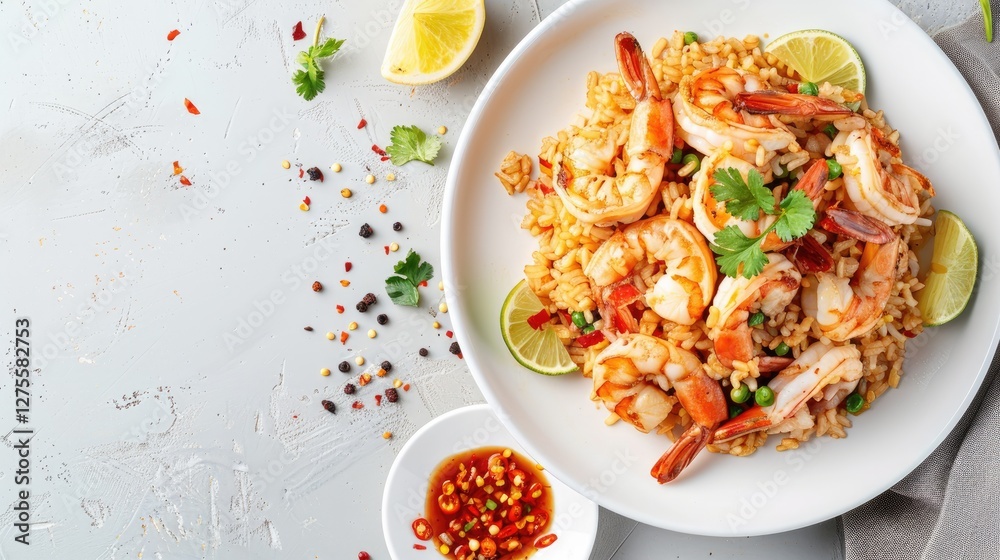 Poster seafood tom yum fried rice with shrimp and squid garnished with lime and cilantro on a white plate w