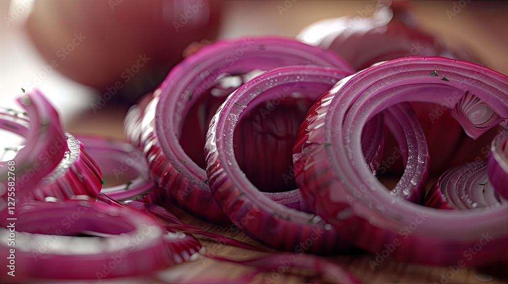 Poster close up of vibrant red onion rings stacked on a wooden table with a blurred background showcasing a