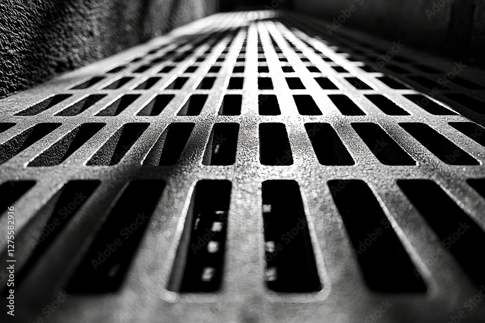 Poster a monochromatic close-up of a textured metal grate with repeating rectangular patterns creating a ge