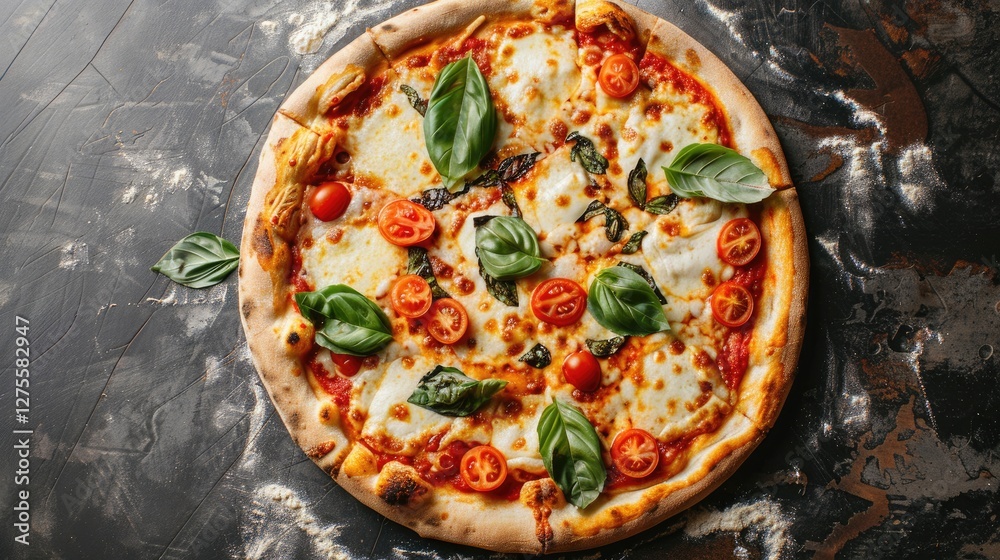 Poster freshly baked margarita pizza topped with sliced tomatoes mozzarella cheese and vibrant basil leaves