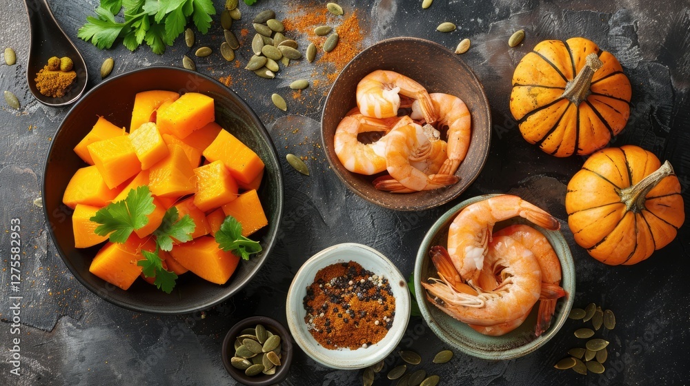 Poster diced orange pumpkin chunks and shrimp in dark bowls with pumpkins spices and herbs on textured surf