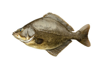 Detailed closeup of Pacific Halibut fish with shiny scales, fins and tail isolated on white transparent background, concept of marine life
