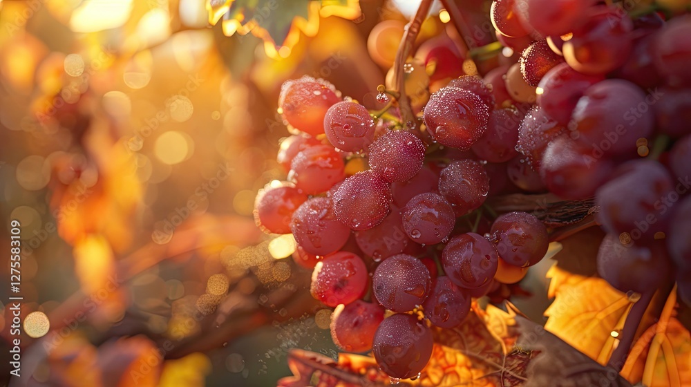 Poster close up of ripe red burgundy grapes on vine with dew drops illuminated by warm sunlight against a b