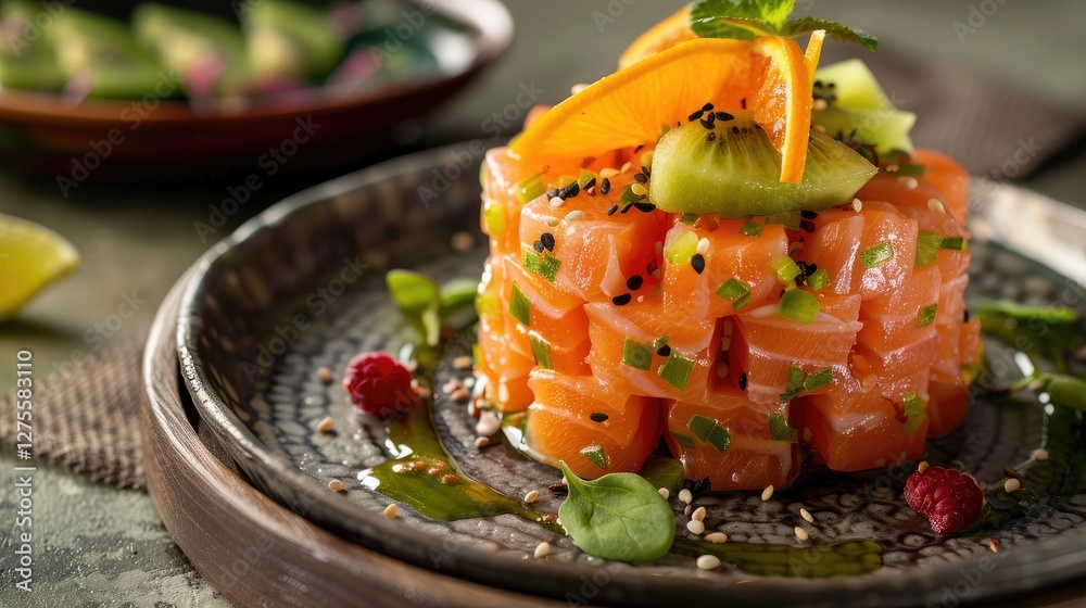 Poster salmon tartare stacked in a circular shape garnished with kiwi and orange slices on a textured plate