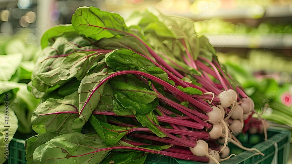 Poster fresh vibrant amaranth spinach with deep green leaves and striking purple stems displayed in a super