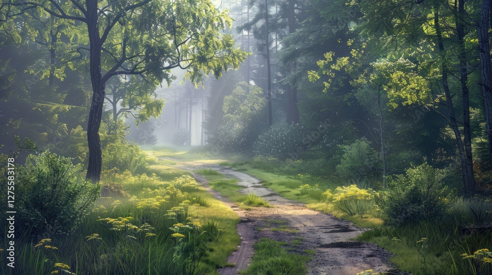Poster serene country road winding through lush green forest fog on a tranquil spring morning with dappled 