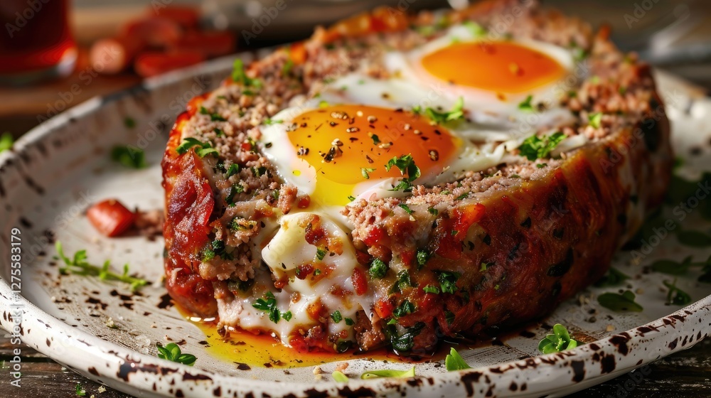 Poster homemade meatloaf with two sunny-side-up eggs on top garnished with fresh parsley, displayed on a ru