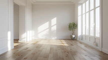 Obraz premium Bright and airy empty apartment interior featuring light wooden floors and large windows casting shadows with a potted plant in the corner
