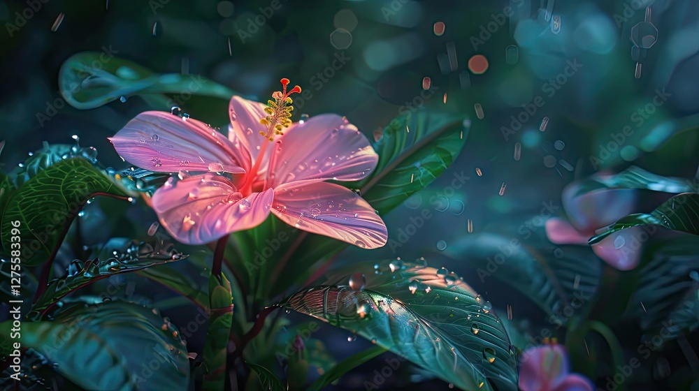 Poster vibrant pink hibiscus flower with raindrops on lush green leaves in a serene garden setting with sof