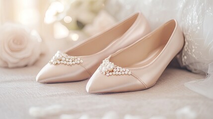 Obraz premium A pair of elegant ballet shoes with pearl embellishments resting on a neutral-toned surface
