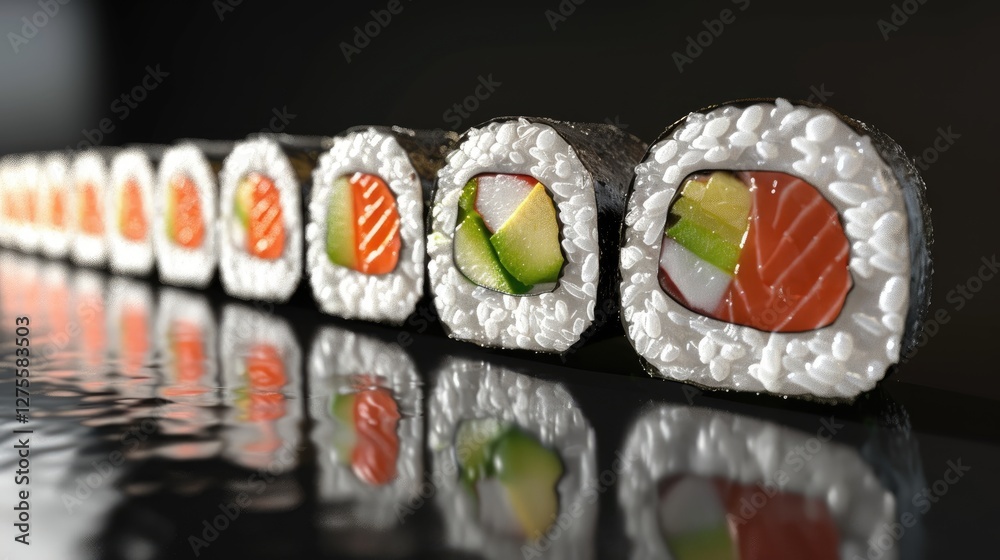 Poster row of maki sushi rolls displayed on a dark reflective surface showcasing vibrant fillings of salmon
