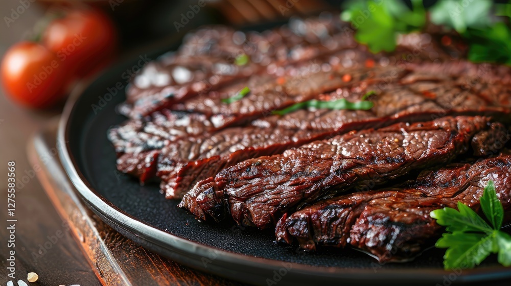 Poster grilled beef brisket flat steak displayed on a dark plate garnished with fresh parsley and spices se
