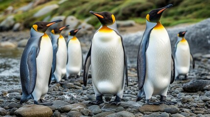 Fototapeta premium Group of Emperor Penguins Standing on Rocky Shoreline in Nature