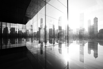 Modern city skyline reflected in the glass windows of a contemporary building, creating a stunning architectural view with bright sunlight and a monochrome palette.
