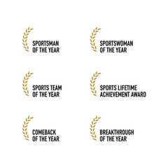 Sport awards nomination and winners - best sportsman, sportswoman, team, lifetime achievement, comeback, breakthrough - black, golden and white vector icon set