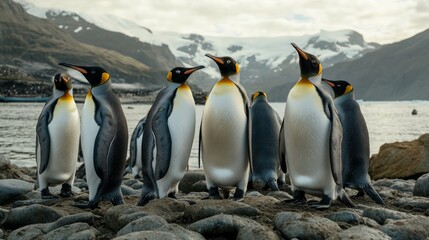 Fototapeta premium Group of Penguins Standing on Rocky Shoreline Near Glacier Mountains