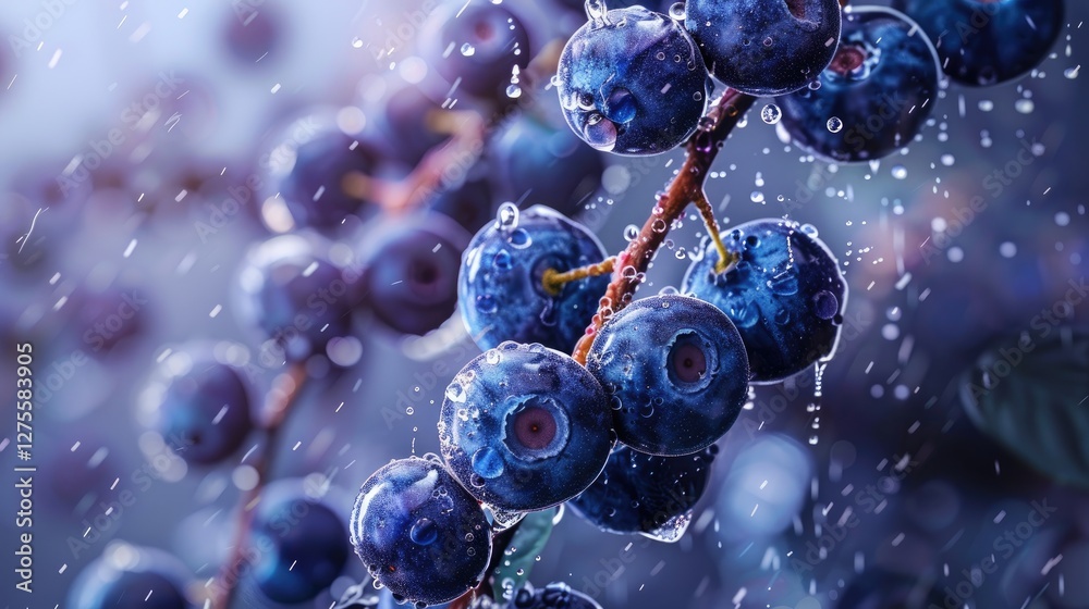 Poster blueberries glistening with water droplets on a branch against a soft blue background highlighting g