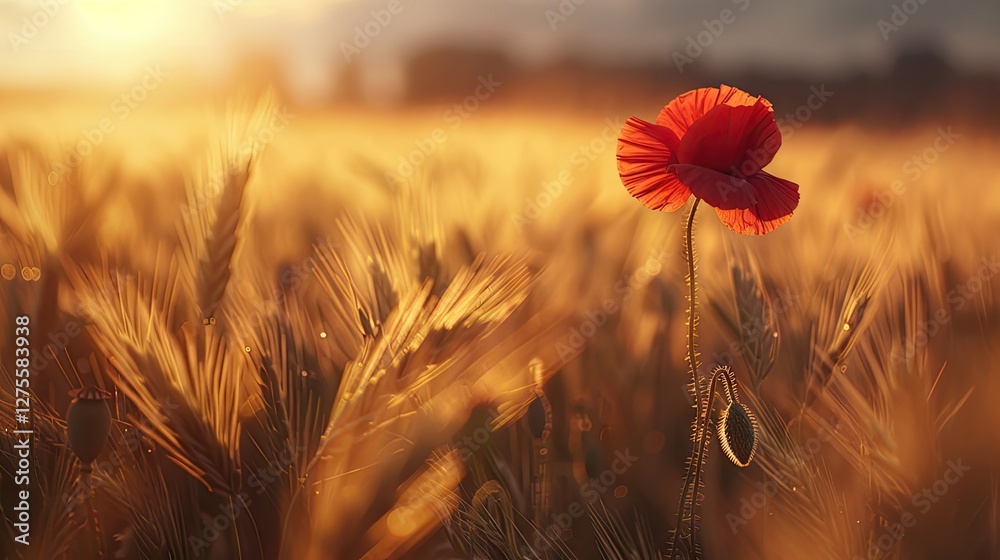 Leinwandbilder Vibrant red poppy flower standing alone amidst golden wheat field during sunset with soft focus and shallow depth of field creating a dreamy effect