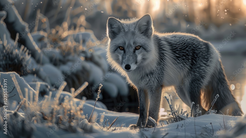Poster arctic fox standing in snow with golden light in background surrounded by frost-laden grass highligh