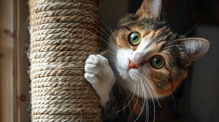 Multi colored calico cat with striking green eyes sharpens claws on textured brown scratching post from top view with natural light illuminating scene