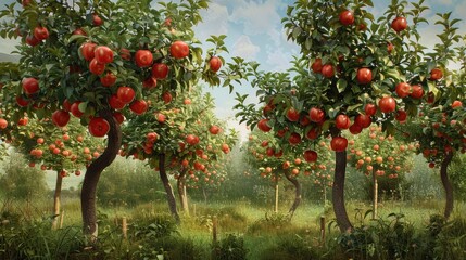 Lush apple orchard with vibrant red apples hanging from twisted green trees set against a bright sky with soft clouds and gentle grass below.