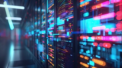 Vibrant data processing server room with glowing blue red and orange lights visualizing business technology and digital information flow