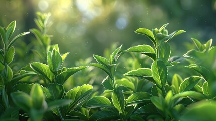 Naklejka premium Vibrant green stevia plants basking in soft sunlight creating a lush garden scene with intricate leaf details and a serene natural background.