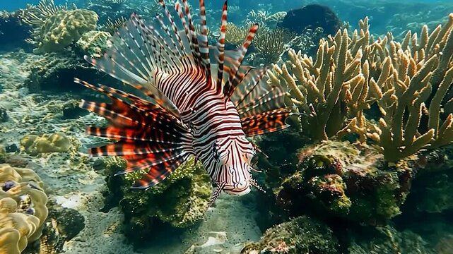 Red lionfish swimming near coral reef.