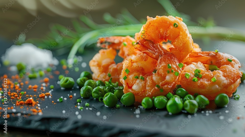 Poster fried shrimp served on a black slate with vibrant green peas topped with chives and seasoning sprink