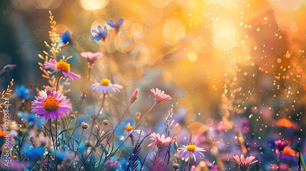 Aufkleber vibrant meadow filled with delicate flowers in soft focus under warm golden sunlight with bokeh effe