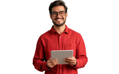 Portrait of a young, handsome man smiling warmly while holding a tablet, isolated on a transparent background. Perfect for technology, business, or lifestyle themes. High-quality image Red shirt