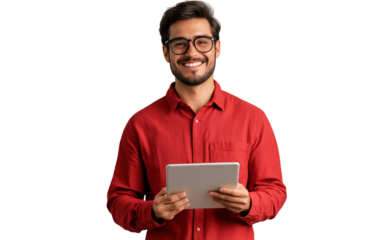 Portrait of a young, handsome man smiling warmly while holding a tablet, isolated on a transparent background. Perfect for technology, business, or lifestyle themes. High-quality image Red shirt