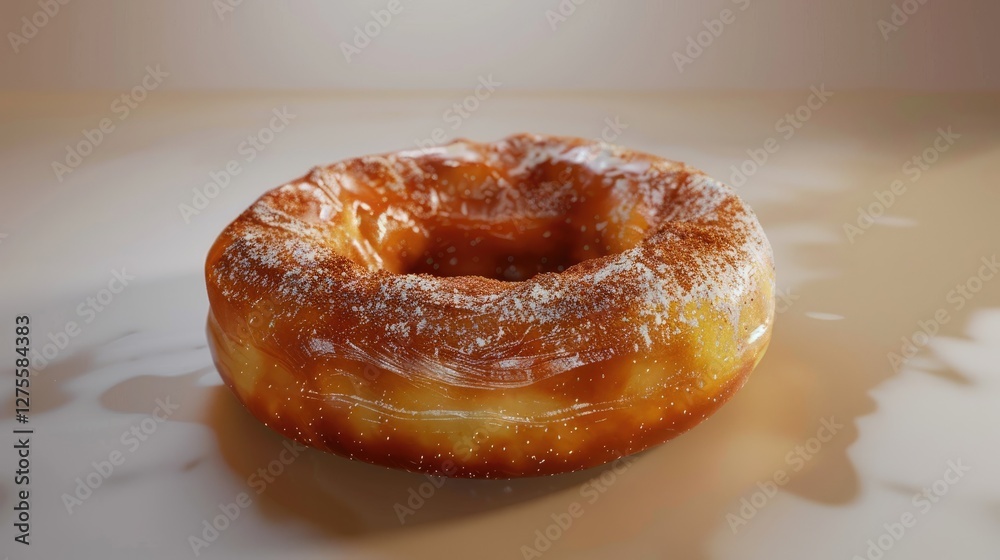 Poster golden fried apple fritter donut with a glossy sheen and powdered sugar topping on a light beige sur
