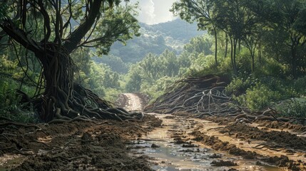 Naklejka premium Landslide aftermath on a muddy dirt road surrounded by thick green foliage and exposed woody roots in a serene mountainous landscape.