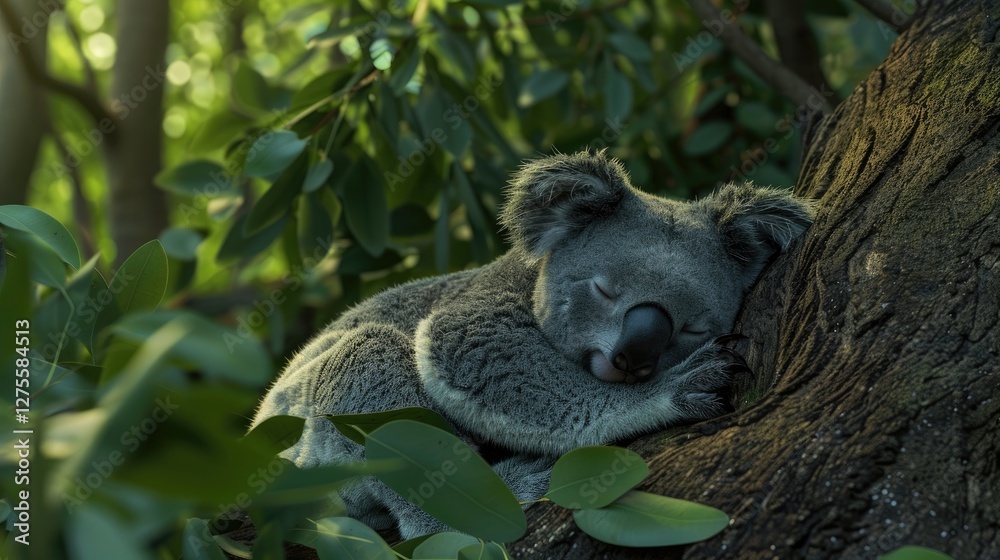 Poster koala peacefully sleeping on a textured tree trunk surrounded by vibrant green leaves under soft nat